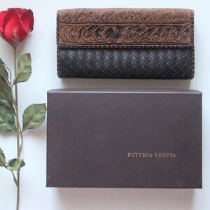 Bottega Veneta Intrecciato Leather Brown Woven Long Continental Wallet Italy